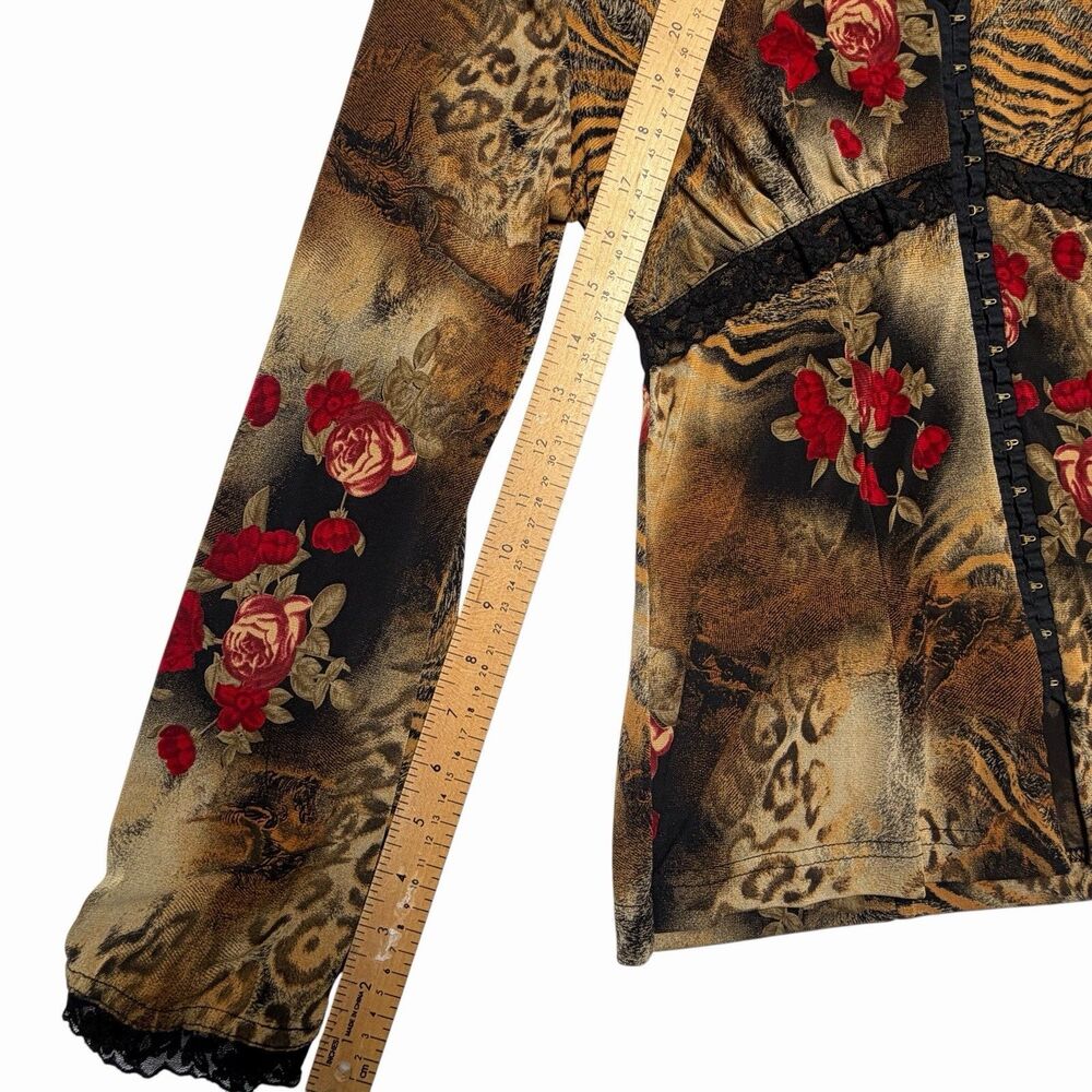 Y2K Midnight Velvet Animal Print Floral Blouse Roses Lace Trim - Picture 6 of 9
